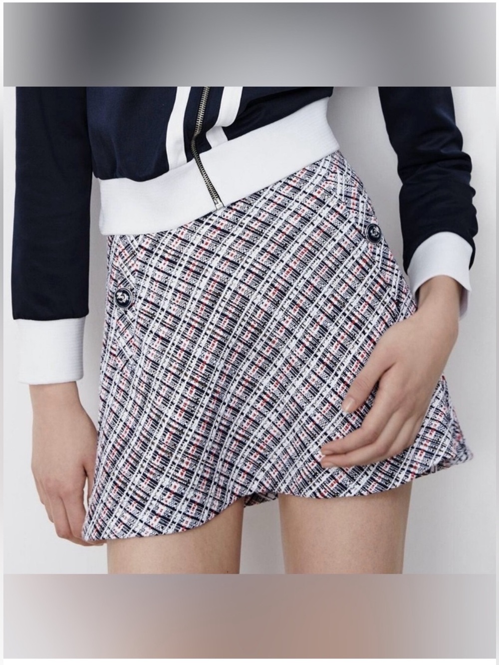Zara Tweed Textured Weave Nautical Anchor Button High Waist Mini Skirt